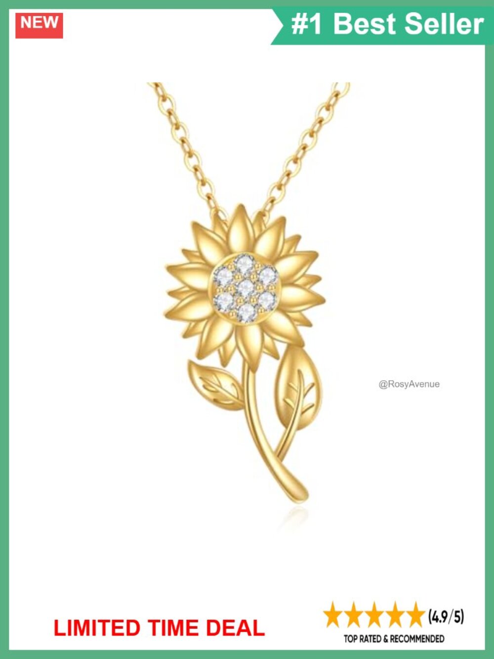 14k Yellow Gold Sunflower Pendant Necklace 16in Adjustable Chain